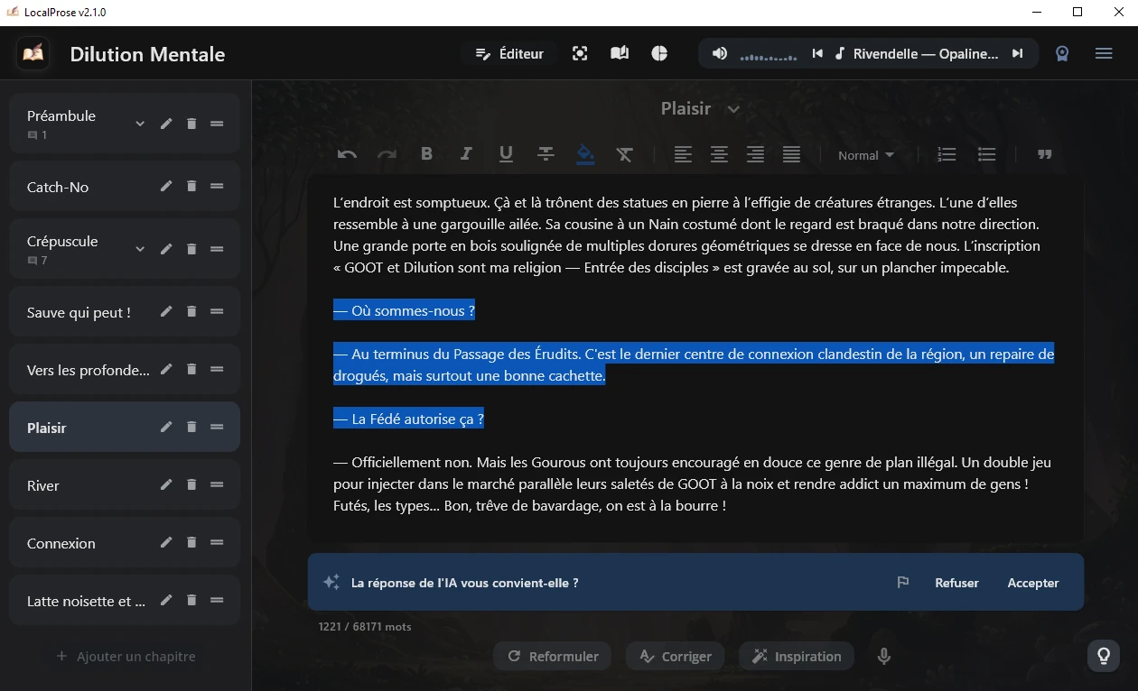 Interface sombre (éditeur) montrant un auteur dialoguant avec son texte sans distraction