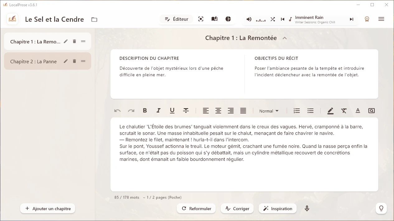L'éditeur de LocalProse avec la définition des objectifs narratifs du chapitre