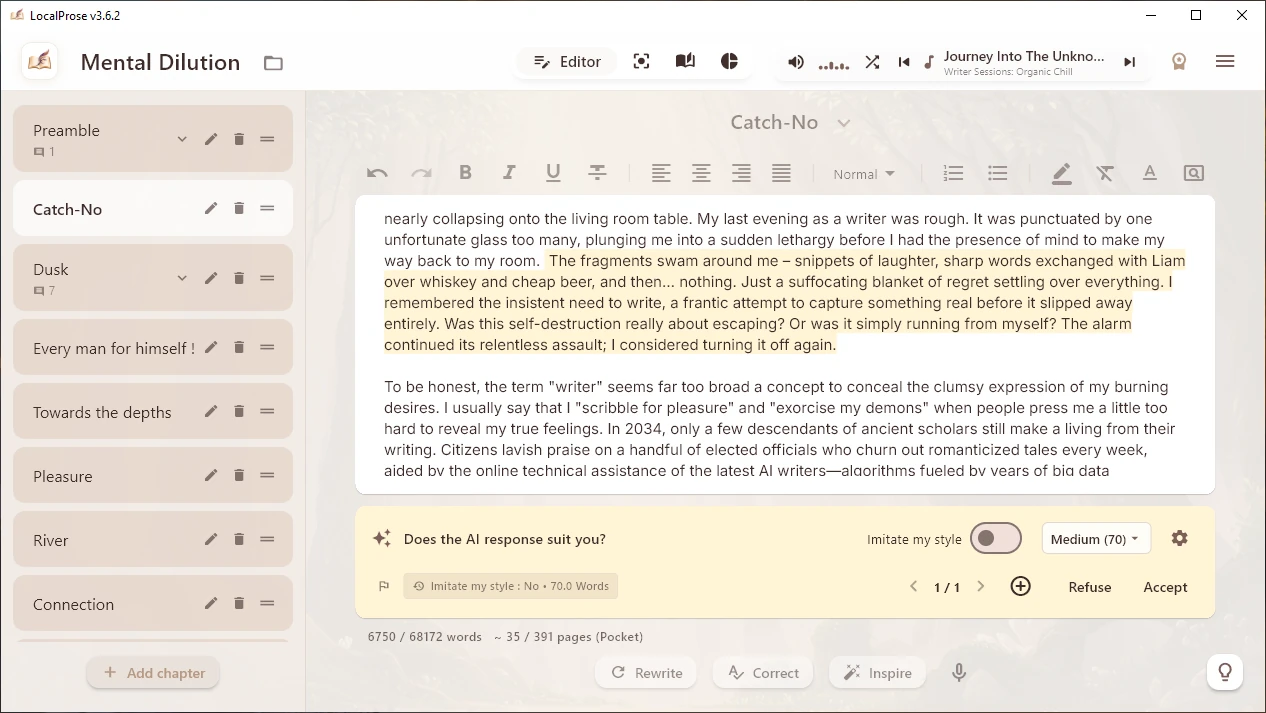 LocalProse's Inspiration tool offering scene continuations to unblock writing