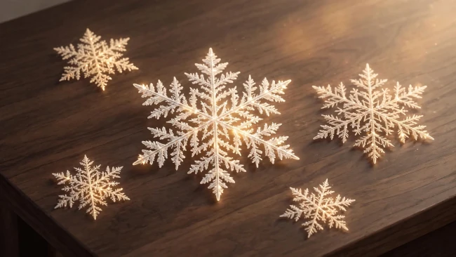 Cristaux lumineux en forme de flocons de neige posés sur un bureau en bois, illustrant la méthode de structure Snowflake