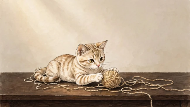 Illustration d'un petit chat tigré jouant avec une pelote de laine sur un bureau en bois, symbolisant la méthode Save the Cat