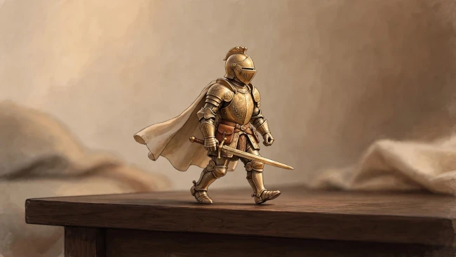 Figurine miniature d'un chevalier en armure dorée marchant avec son épée sur un bureau, représentant le Voyage du Héros