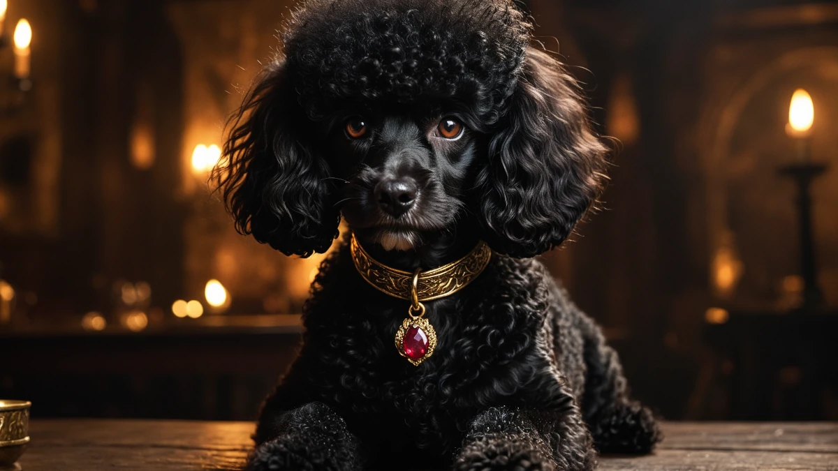 Portrait cinématique d'un caniche noir et blanc en colère avec des yeux dorés et un collier en or massif