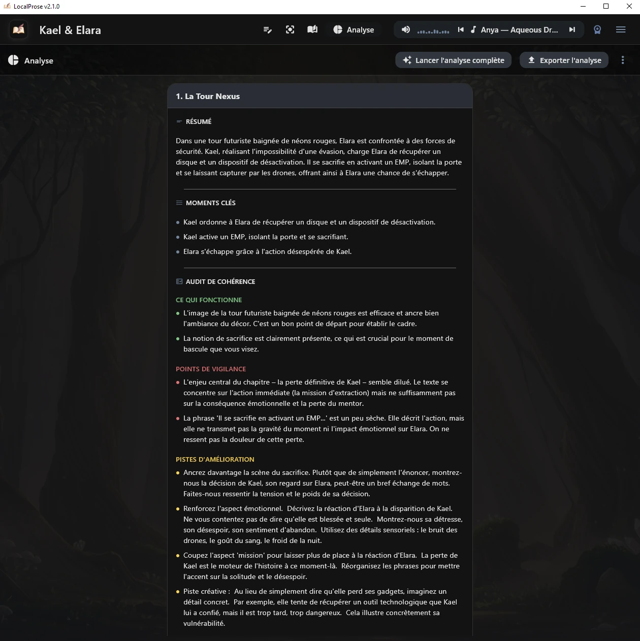 Interface montrant l'analyse locale d'un chapitre dans LocalProse