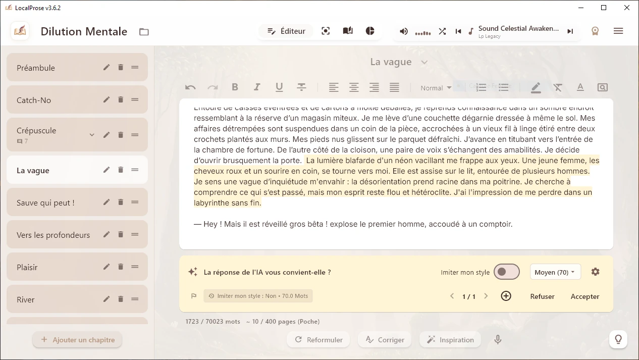 L'outil d'Inspiration de LocalProse propose des suites à votre scène pour débloquer l'écriture
