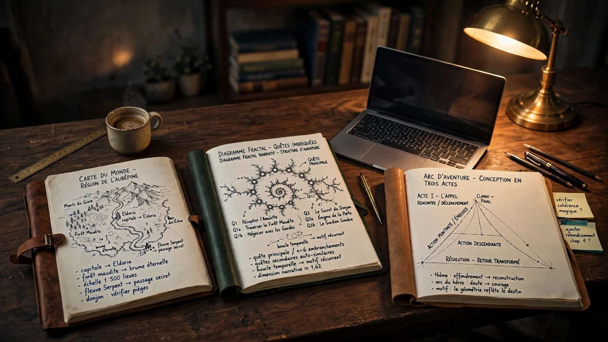 Trois carnets ouverts sur un bureau d'écrivain montrant une carte du monde, un diagramme fractal narratif et un arc d'aventure en trois actes, à côté d'un ordinateur portable.