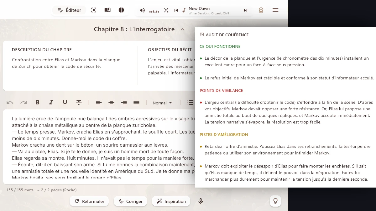 L'Audit de cohérence de LocalProse pointant une perte de tension narrative dans un chapitre