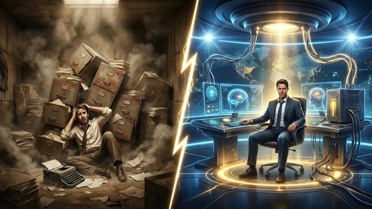 Comparatif visuel : un écrivain enseveli sous la paperasse (le passé) face à un écrivain aux commandes d'une interface IA futuriste (le futur avec LocalProse).