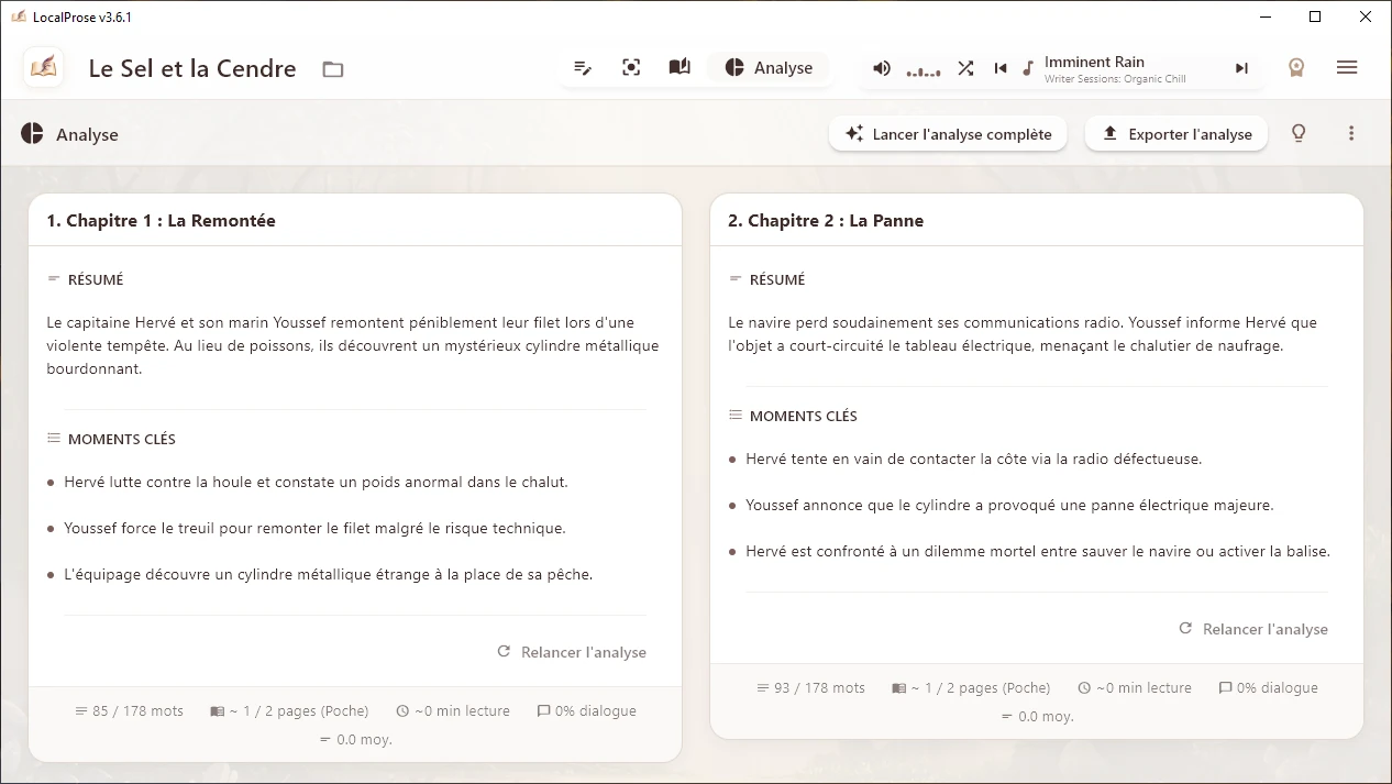 Extraction des moments clés d'un chapitre dans la vue Analyse de LocalProse
