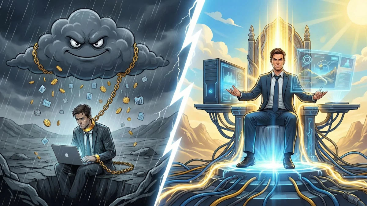 Un écrivain enchaîné à un nuage coûteux (le cloud) face à un écrivain souverain et son IA locale avec LocalProse).