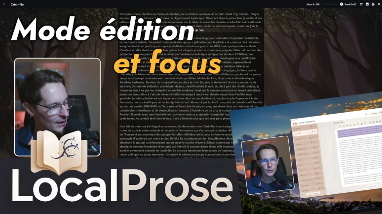 Miniature : fonctions IA dans l'éditeur et mode Focus (LocalProse)