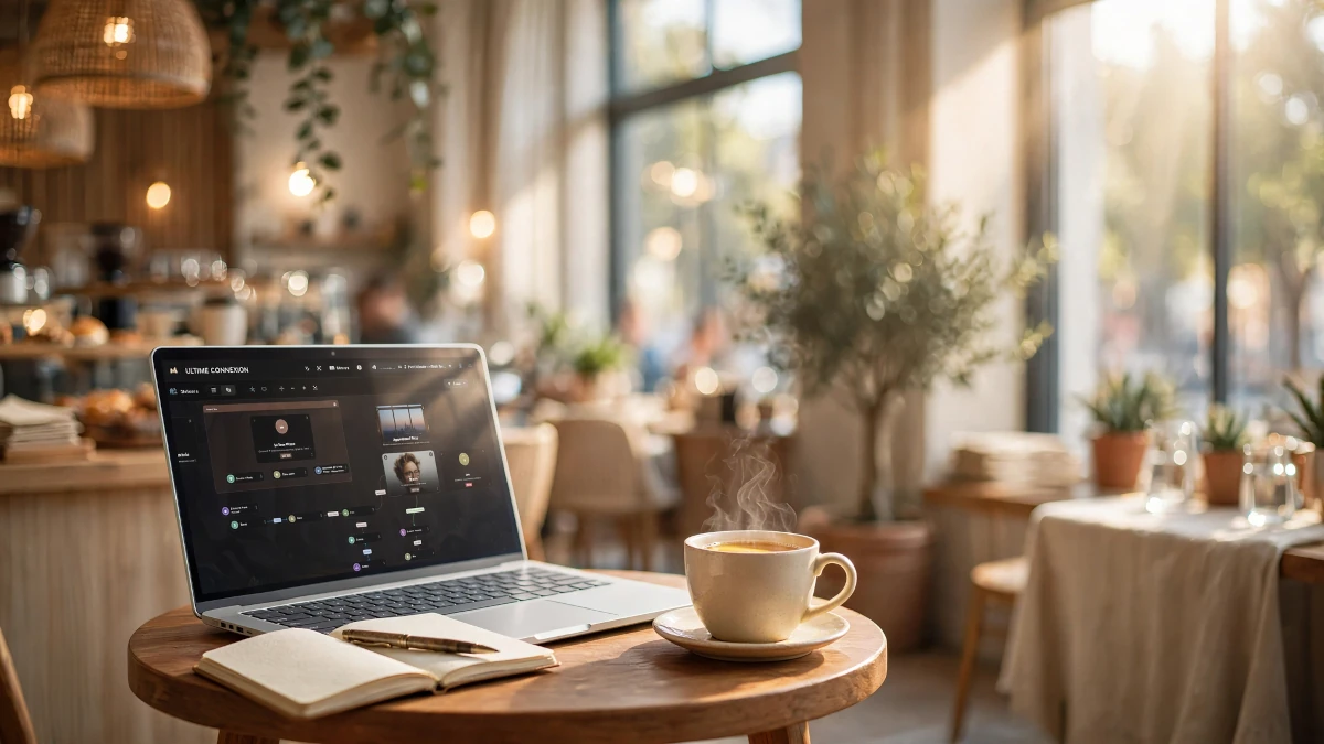 Un MacBook affichant l'interface de LocalProse posé sur une table en bois dans un café chaleureux et ensoleillé