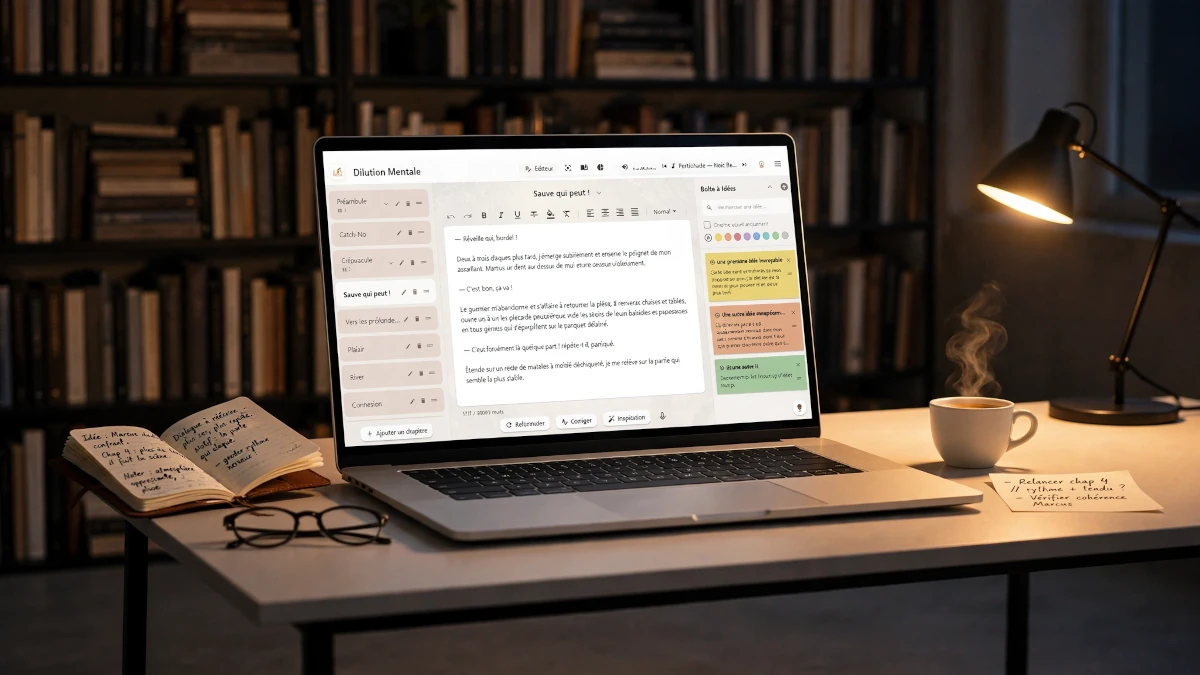 Un ordinateur portable affichant le logiciel d'écriture LocalProse posé sur un bureau éclairé par une lampe chaleureuse, avec un café et un carnet de notes, devant une bibliothèque