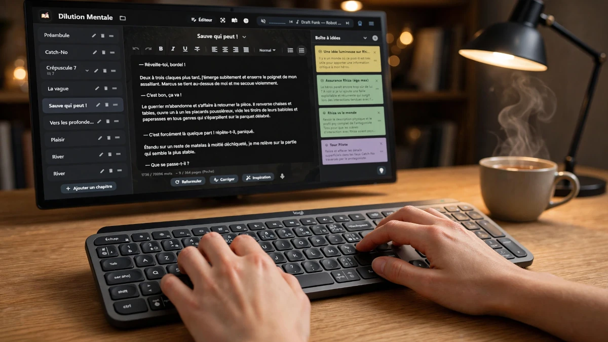 A writer's hands typing on a low-profile chiclet keyboard in front of a screen displaying the LocalProse software in dark mode