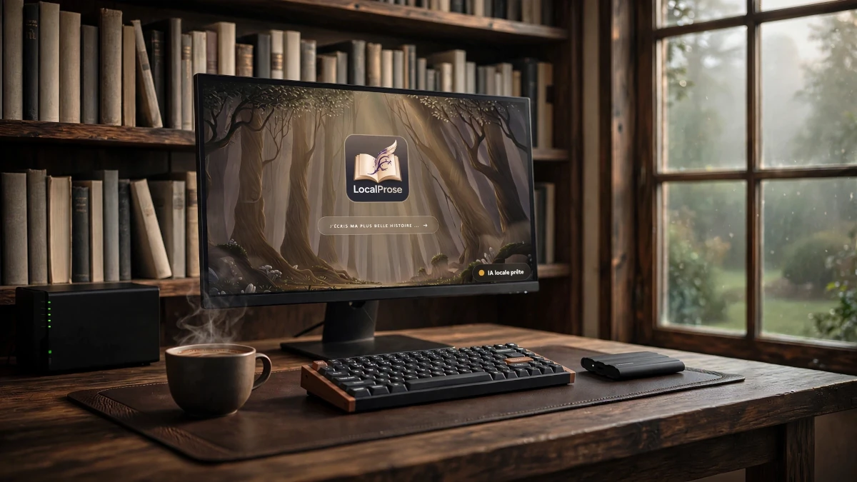 Wooden writer's desk with screen displaying LocalProse, a small black NAS server on the left and an external SSD on the right on a leather desk pad