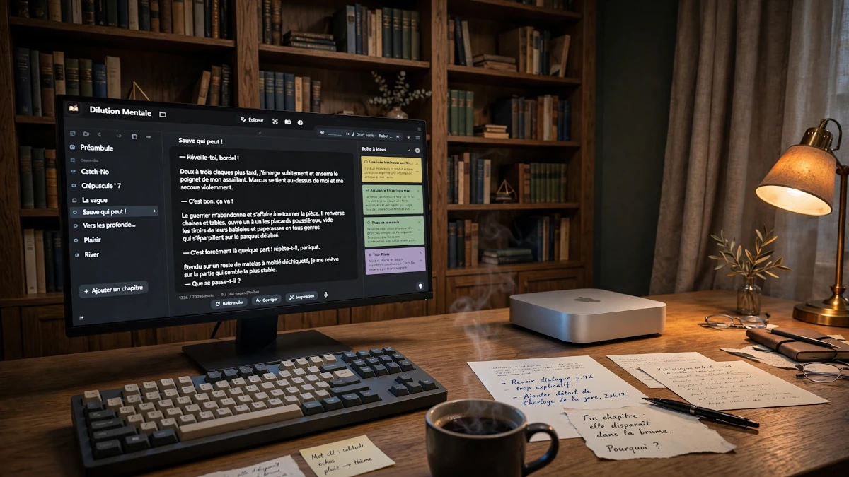 A discreet Mac Mini sitting on a wooden writer's desk with a cup of coffee and a matte screen