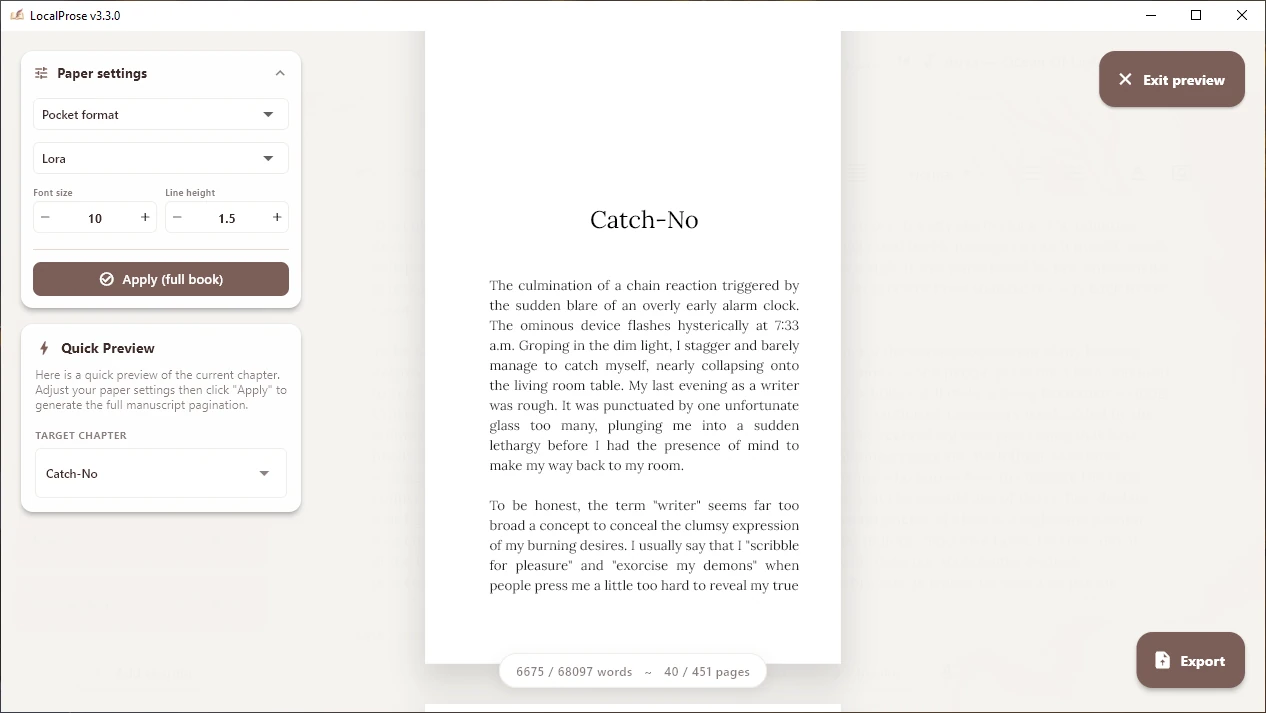 LocalProse - print preview mode before exporting a novel project
