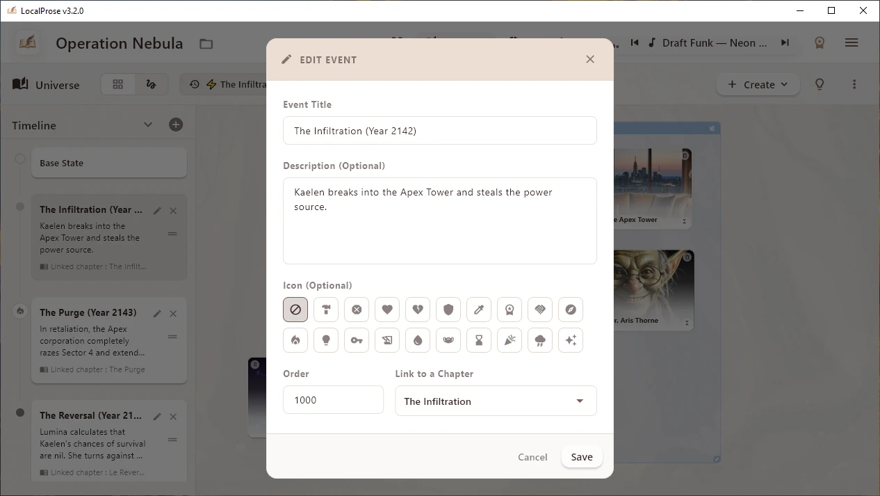 LocalProse - editing a timeline event