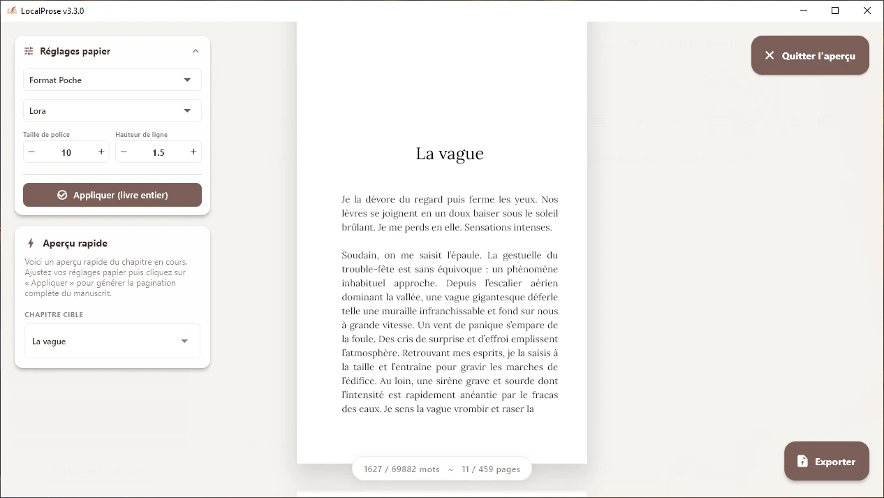 LocalProse - aperçu impression avant l'export d'un projet de roman