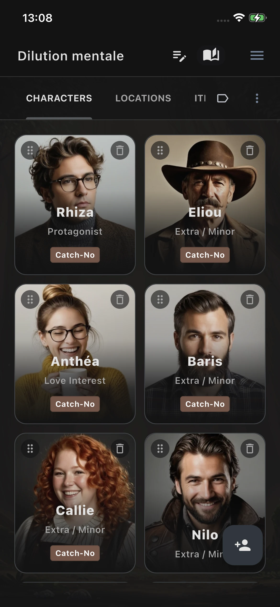 Mobile App - Characters (dark mode)